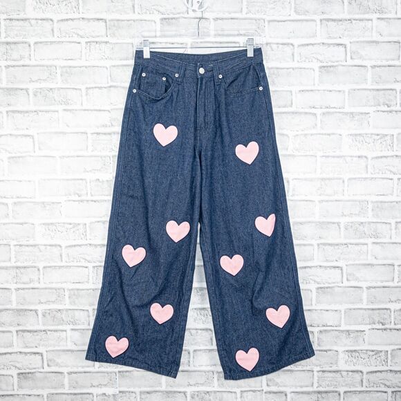 LAZY OAF Women's wide leg Pink Hearts Cut out Denim Jeans Size 26 - Picture 11 of 11